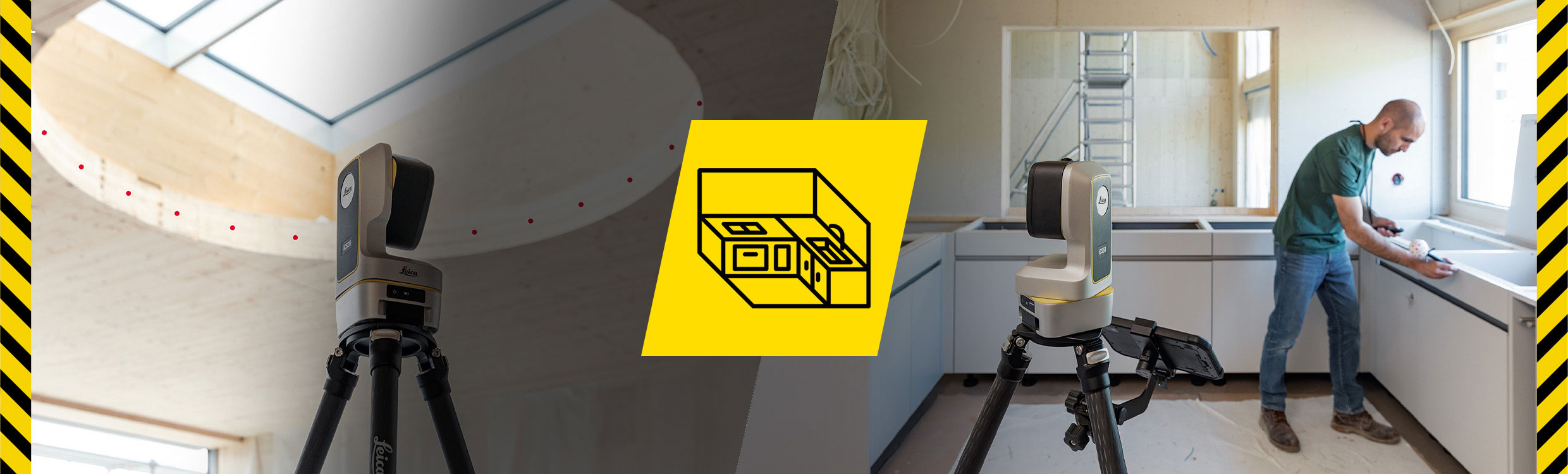 Leica iCON iCS50 on a black tripod used to measure an opening and a kitchen countertop with the Leica iCON vPen.